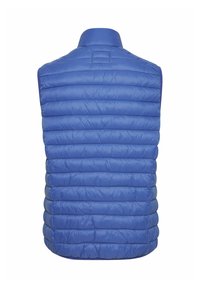 Blaue, gepolsterte Weste mit hohem Kragen, ausgestattet mit horizontalen Steppsegmenten, glatter Textur und abgerundetem Saum am unteren Rand.