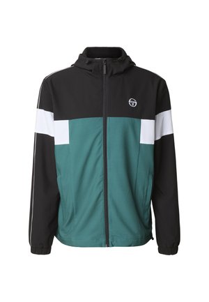 Chaqueta con capucha y cremallera para hombre en negro, blanco y verde azulado, con puños elásticos y dos bolsillos laterales.