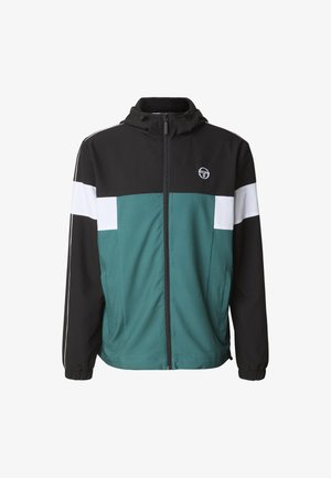 Chaqueta con capucha y cremallera para hombre en negro, blanco y verde azulado, con puños elásticos y dos bolsillos laterales.