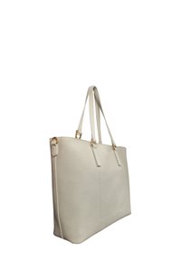 Borsa tote in pelle bianca testurizzata con due manici, finitura liscia e accessori in metallo dorato. Presenta una sottile tasca frontale.