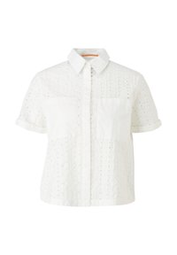Chemise blanche à manches courtes avec boutons, motif à œillets, poignets repliés, deux poches plaquées à l'avant et col classique.