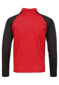 Langarmshirt mit rotem Körper und schwarzen Raglanärmeln. Verfügt über einen Kragen und eine glatte Textur, geeignet für die Freizeit.