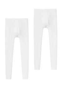 Weiße Baumwollleggings mit enganliegendem Design, die eine nahtlose Vorderseite und gerippte Textur aufweisen. Erhältlich in zwei Längen.