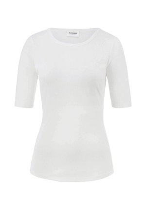 Weißes T-Shirt mit kurzen Ärmeln, aus weichem Stoff, mit rundem Ausschnitt und taillierter Schnittform. Keine Muster oder Verzierungen.