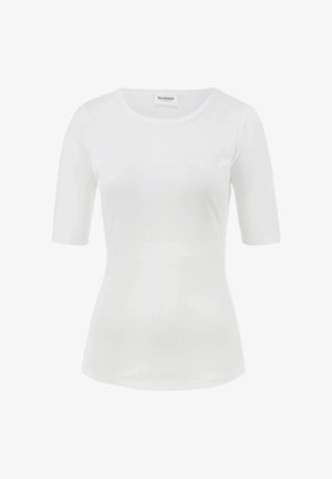 Weißes T-Shirt mit kurzen Ärmeln, aus weichem Stoff, mit rundem Ausschnitt und taillierter Schnittform. Keine Muster oder Verzierungen.