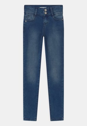 Blauwe denim skinny jeans met een dubbele sluiting met knopen, vijf zakken en een licht vervaagd textuur. Naaddetails lopen langs de benen.