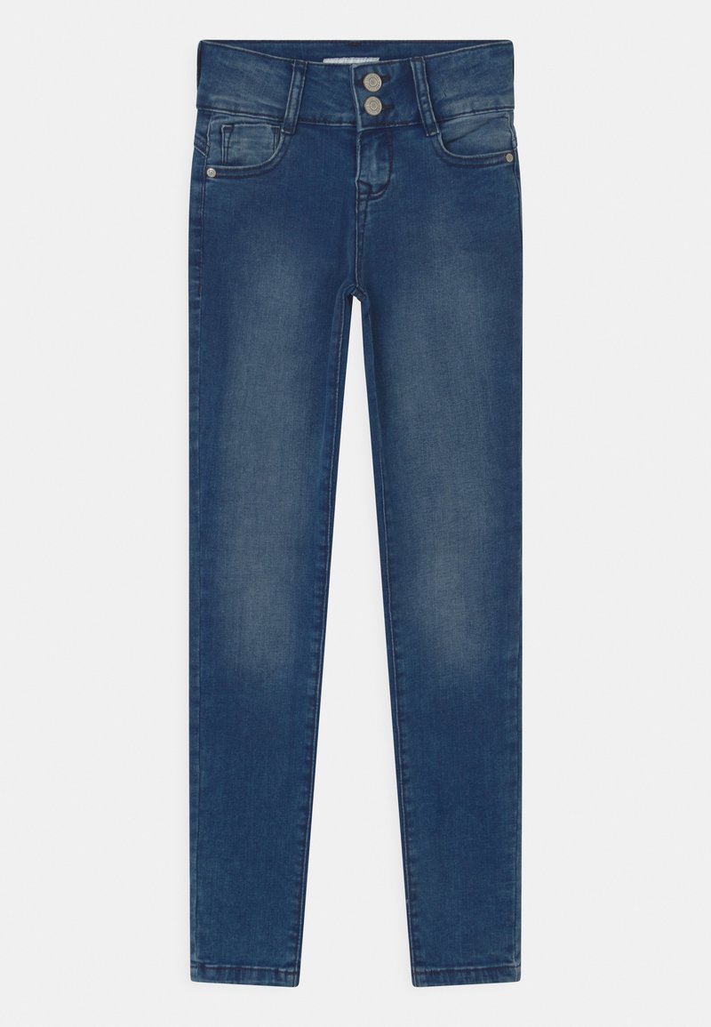 Blauwe denim skinny jeans met een dubbele sluiting met knopen, vijf zakken en een licht vervaagd textuur. Naaddetails lopen langs de benen.