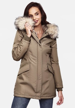 Khaki parka jacket with fur-trimmed hood, zip closure, and two front pockets. Features ribbed cuffs and a soft, textured fabric.