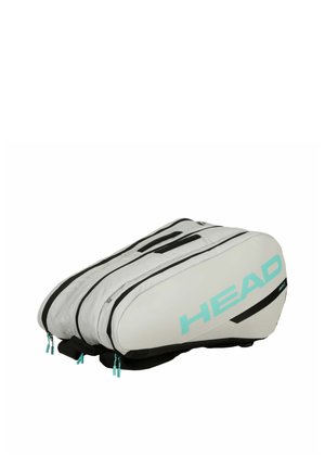 Borsa da tennis HEAD bianca e nera con tre scomparti con zip e cursori delle zip turchesi, mostrata su uno sfondo bianco.