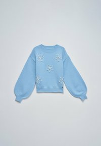 Suéter azul claro con mangas largas abullonadas, cuello redondo y flores bordadas en blanco en la parte delantera. Puños y dobladillo acanalados.