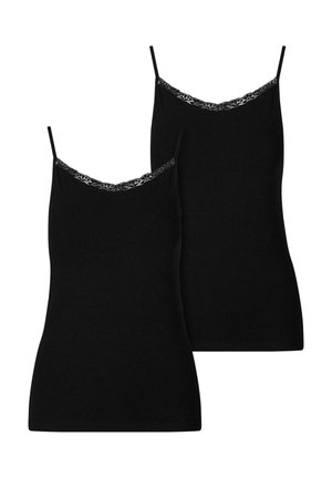 Two black camisole tops with thin straps, featuring a delicate black lace trim along the neckline. Made from a soft, stretchy fabric.