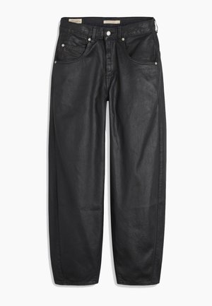 Black denim jeans with a wide-leg design, featuring front pockets, a button closure, and a smooth texture. The fabric appears sturdy.