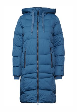 Padded modrý kabát s kapucí, předním zipovým zapínáním a dvěma bočními kapsami. Obsahuje prošívanou texturu a nastavitelné stahovací šňůrky.