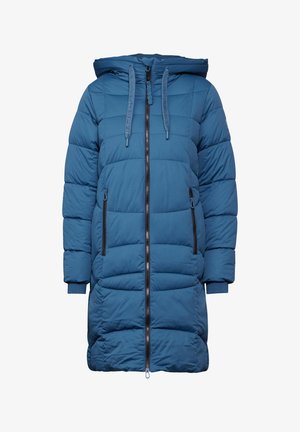 Padded modrý kabát s kapucí, předním zipovým zapínáním a dvěma bočními kapsami. Obsahuje prošívanou texturu a nastavitelné stahovací šňůrky.