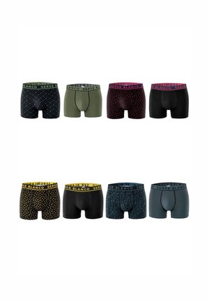 Huit paires de boxers pour hommes dans différentes couleurs et motifs, avec des ceintures élastiques portant la marque "Serge Blanco".