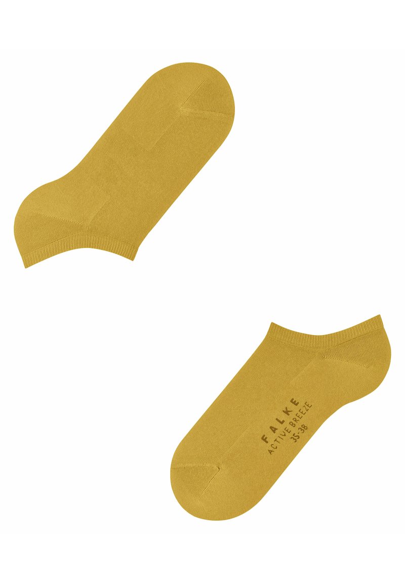 Gelbe Knöchelsocken aus weichem Stoff, mit glatter Textur und einem subtilen gerippten Bündchen. Bedruckt mit "FALKE ACTIVE BREEZE 35-38."