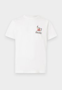 White cotton t-shirt featuring a colorful graphic design on the chest. The design includes a tattoo machine with text underneath.