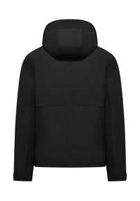 Zwarte, hoodie-jack met een gladde, matte textuur. Heeft een rechte snit, lange mouwen en een minimalistisch ontwerp. Geen zichtbare hardware of accenten.