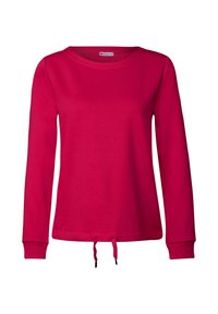 Červená mikina s dlouhými rukávy, kulatým výstřihem a stahovací šňůrou v pase. Hladký materiál a žebrované manžety.