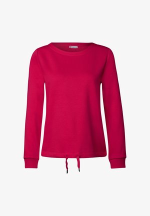 Czerwona bluza z długimi rękawami, okrągłym dekoltem i sznurkiem w talii. Gładka tekstura i ściągacze u rękawów.