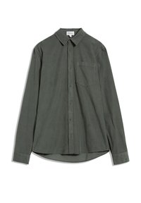 Donkergroene lange mouw shirt van gestructureerde stof, met een kraag, knoopsluiting en een enkele borstzak.