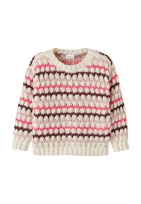 Pull en tricot crème, doté d'un motif texturé avec des rayures roses et marron. Encolure ronde et manches longues avec bords côtes au niveau des poignets et de l'ourlet.
