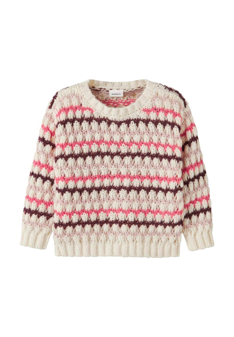 Sweter dzianinowy w kremowym kolorze, z teksturowanym wzorem w różowe i brązowe pasy. Okrągły dekolt i długie rękawy z prążkowanymi mankietami i dołem.