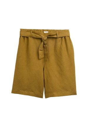 Pantalones cortos amarillos mostaza hasta la rodilla con cintura con cinturón, hechos de un tejido ligero, con un acabado texturizado y bolsillos laterales.