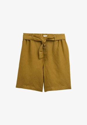 Knie-lange mosterdgele shorts met een ceintuur in de taille, gemaakt van lichte stof, met een gestructureerde afwerking en zijzakken.