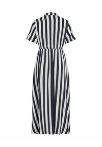 Maxiklänning med korta ärmar, prydd med vertikala marinblå och vita ränder, en krage och elastisk midja för form.