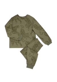 Olive green pajama set featuring long-sleeved top and pants with a tiger print pattern. Fabric appears soft with elastic cuffs and waistband.