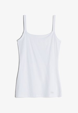 Débardeur blanc sans manches en tissu doux, avec un col rond et de fines bretelles, doté d'une petite étiquette logo à l'ourlet.