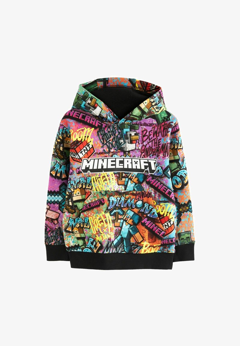 Majica s kapuljačom koja sadrži šareni dizajn inspiriran Minecraftom, s vibrantnim uzorcima, grafikom likova te crnim pojasom i manžetama.