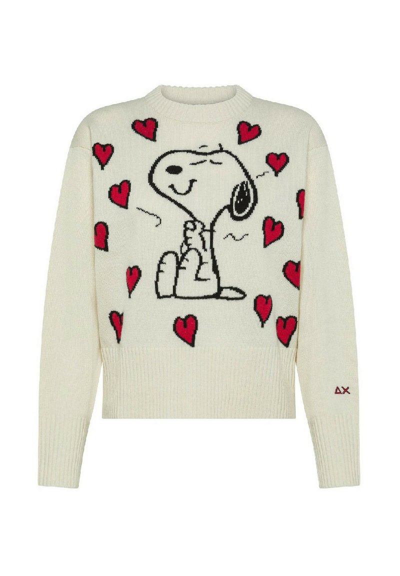 Maglione lavorato a maglia color crema con un grande design di Snoopy in bianco e nero circondato da cuori rossi, dotato di polsini e orlo a coste.