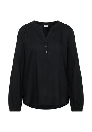 Blusa negra de manga larga con cuello en V y abotonadura. Presenta puños fruncidos y un corte suelto con una textura suave.