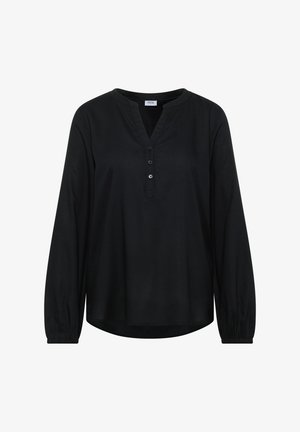 Zwarte blouse met lange mouwen, een V-hals en een knoopsluiting. Heeft gerimpelde manchetten en een losse pasvorm met een gladde textuur.