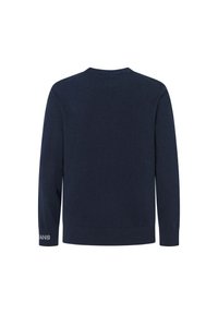 Tummansininen villapaita, puuvillakangasta, pyöreä pääntie, pitkät hihat, ribbaavat hihansuut ja helma, vasemmassa hihassa "JEANS"-teksti. Yksinkertainen muotoilu.