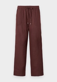Burgunderfargede vide bukser laget av lett stoff, med elastisk liv med snor og uten synlige lommer.