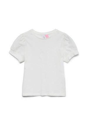 Biały t-shirt z krótkim rękawem z bufkami z tkaniny koronkowej z oczkami i okrągłym dekoltem.