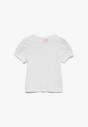 Biały t-shirt z krótkim rękawem z bufkami z tkaniny koronkowej z oczkami i okrągłym dekoltem.