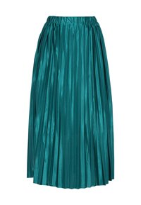 Türkiz színű, pliszírozott szoknya selyem anyagból, elasztikus derékpánttal és teljes, szellős fazonnal, amely a félvádli hosszúságig ér.