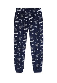 Navy pajama pants featuring a space theme with white rocket ships, planets, and crescent moons, elastic waistband, and cuffed hems.