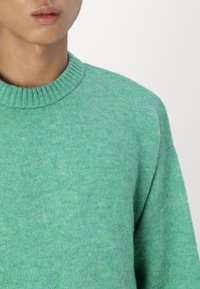 Zelený pletený svetr s kulatým výstřihem a texturovanou tkaninou, představující měkký, kombinovaný vzor a žebrované detaily na límci.
