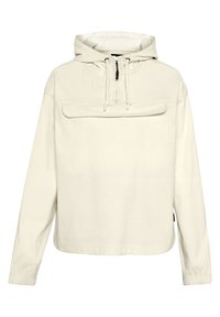 Light-colored pullover hoodie made from ribbed fabric. Features a front pocket, adjustable drawstrings, and long sleeves.