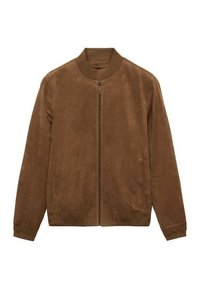 Veste bomber en daim marron avec fermeture éclair à l'avant, col, poignets et ourlet côtelés, et deux poches latérales.