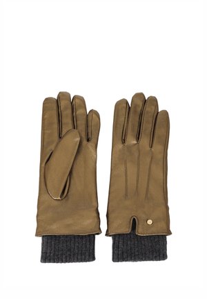 Par de guantes de cuero marrón con puños de punto negro, mostrados con la palma hacia abajo sobre un fondo blanco.