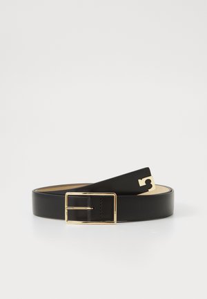 Black leather belt with a smooth texture, featuring a gold rectangular buckle and a cut-out number 3 on the end.