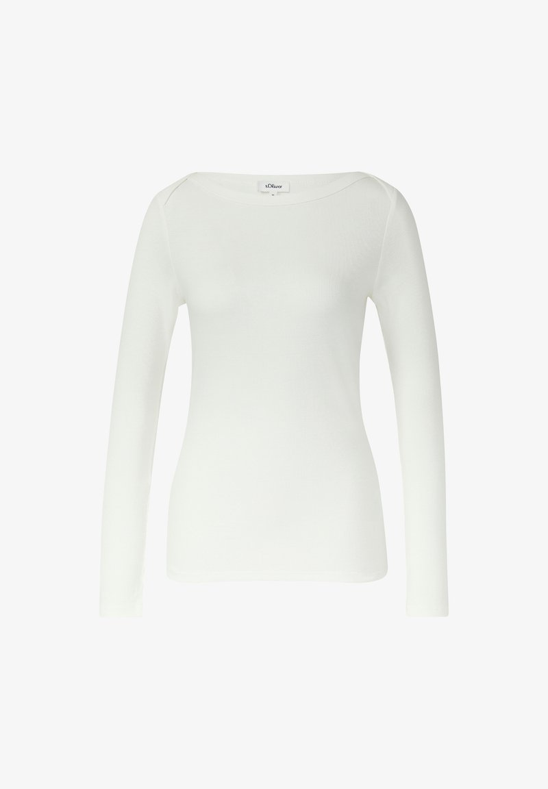 Langärmliges weißes Oberteil aus Rippstoff mit U-Boot-Ausschnitt und dezentem Schulterdetail, glatter Textur und figurbetontem Schnitt.