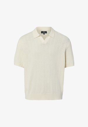 Korte mouwen crème gebreide polo met gestructureerde verticale ribbels en open kraagdetail, weergegeven op een effen witte achtergrond.