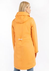 Veste imperméable orange avec capuche, taille cintrée, manches longues et texture lisse et brillante. Présente un accent dans le dos et des boutons pression.